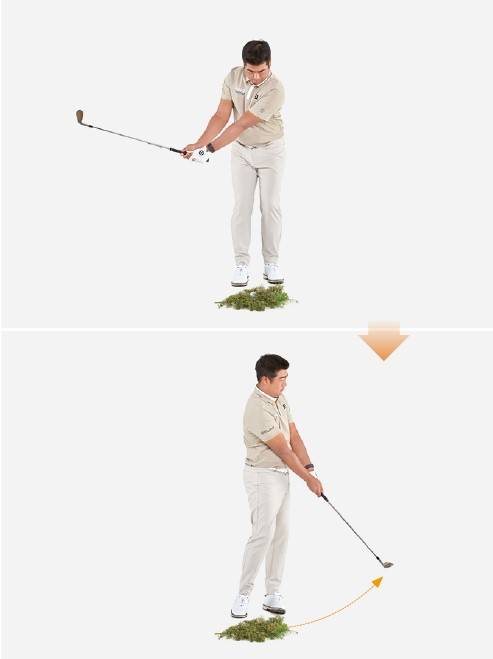 볼이 깊이 가라앉아 있는 경우에는 저항을 이겨내려고 하기보다는 찍어 치는 듯한 느낌으로 마무리한다.