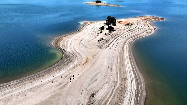 12일 물이 빠진 대전 동구 대청호 명상정원에 넓은 모래톱이 드러나 있다. 물이 빠졌을 때만 걸어 들어갈 수 있으며, 물이 차면 멀리서 감상해야 한다. 이곳은 대청호 오백리길 중 가장 인기 있는 구간으로, 드라마 ‘슬픈연가’와 영화 ‘창궐’의 촬영지로도 유명하다. /신현종 기자