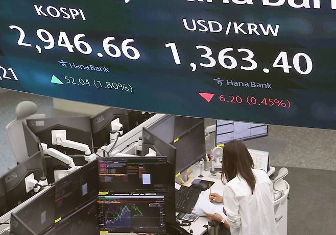 16일 서울 중구 하나은행 본점 딜링룸. /뉴스1