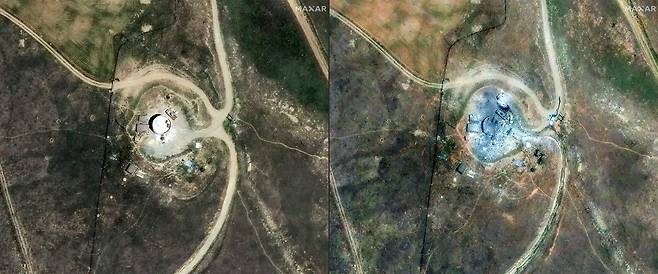 이란 서아제르바이잔주 피란샤르에 있는 이란 핵 시설 위성 사진. 왼쪽은 공습 이전인 지난달 22일(현지 시각), 오른쪽은 공습 이후인 13일 모습. 사진=맥사 테크놀로지/AFP 연합뉴스