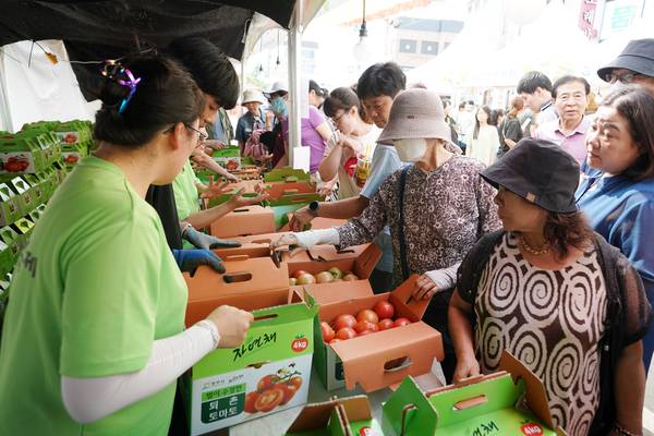 오는 20~22일 3일간 퇴촌토마토거리축제가 열린다. 사진은 지난해 행사장에서 토마토 판매 부스를 둘러보는 관람객들. /광주시 제공