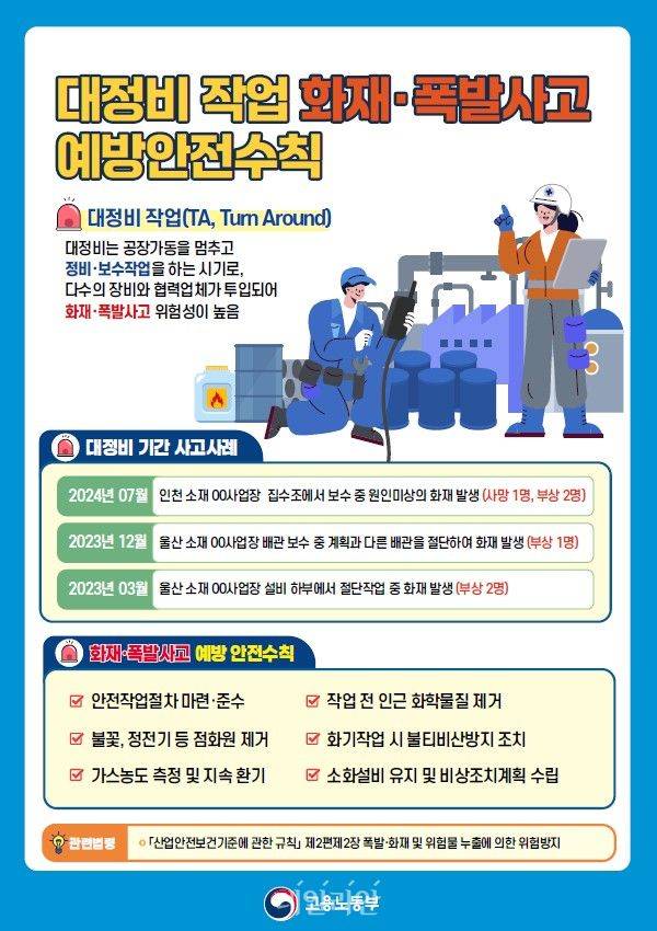 대정비 작업 화재·폭발사고 예방안전수칙 ⓒ고용노동부