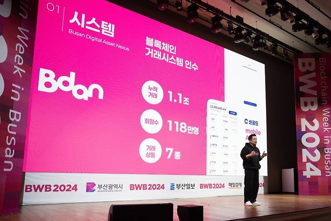 부산디지털자산거래소 김상민 대표가 지난해 10월 부산 해운대구 블록체인 위크 인 부산(BWB) 2024에서 거래소를 소개하고 있다. 부산디지털자산거래소 제공