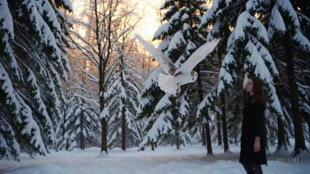 오픈에이아이(AI) ‘소라’로 만든 영상 갈무리. “부엉이가 눈으로 뒤덮인 울창한 숲속을 날아서 갈색 머리 여자아이의 손에 착지하는 영상을 만들어달라”고 지시했다.