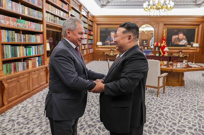 This photo, carried by North Korea's official Korean Central News Agency on June 5, shows the North's leader Kim Jong-un, right, meeting with Russia's Security Council Secretary Sergei Shoigu in Pyongyang the previous day. [YONHAP