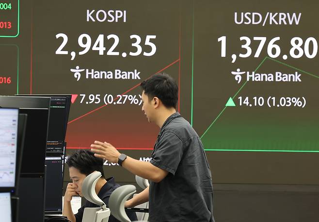 An electronic board at the Hana Bank dealing room in central Seoul shows the benchmark Kospi's opening, Wednesday. (Yonhap)