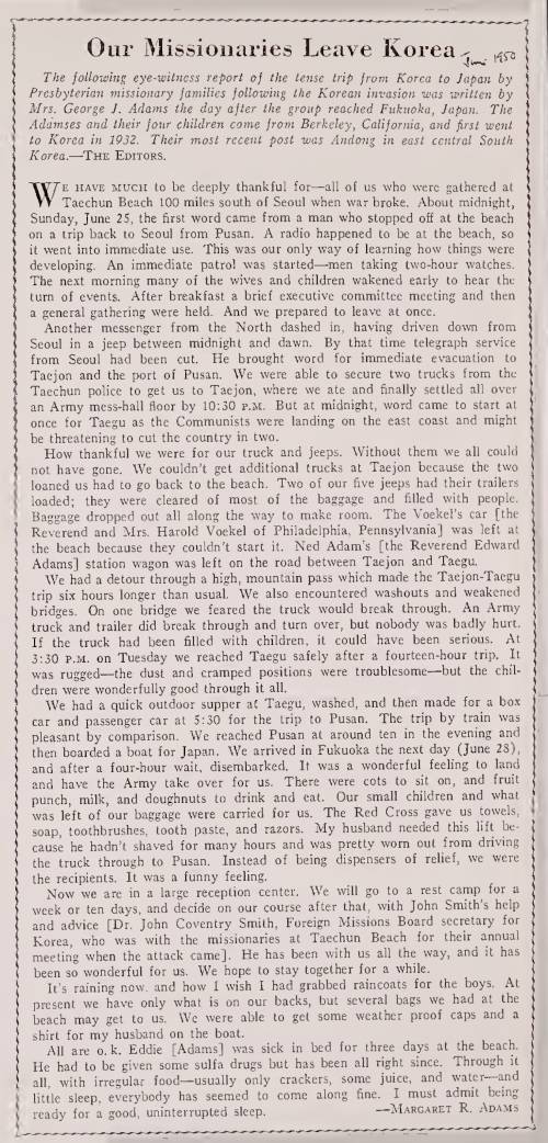 마가렛 아담스 선교사가 전쟁이 발발한 1950년 6월 25일 당시 피란 상황 보고서를 작성했다. 프린스턴신학대 디지털 아카이브 제공