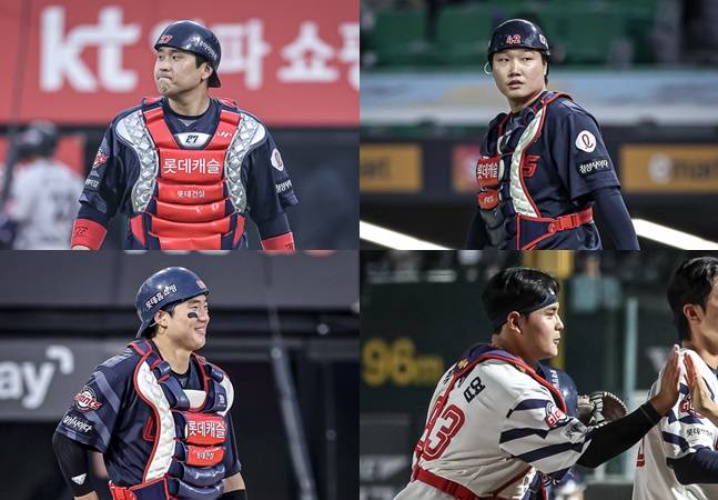 롯데 자이언츠의 포수들. 왼쪽 위부터 시계방향으로 유강남, 정보근, 박재엽, 손성빈. /사진=롯데 자이언츠 제공