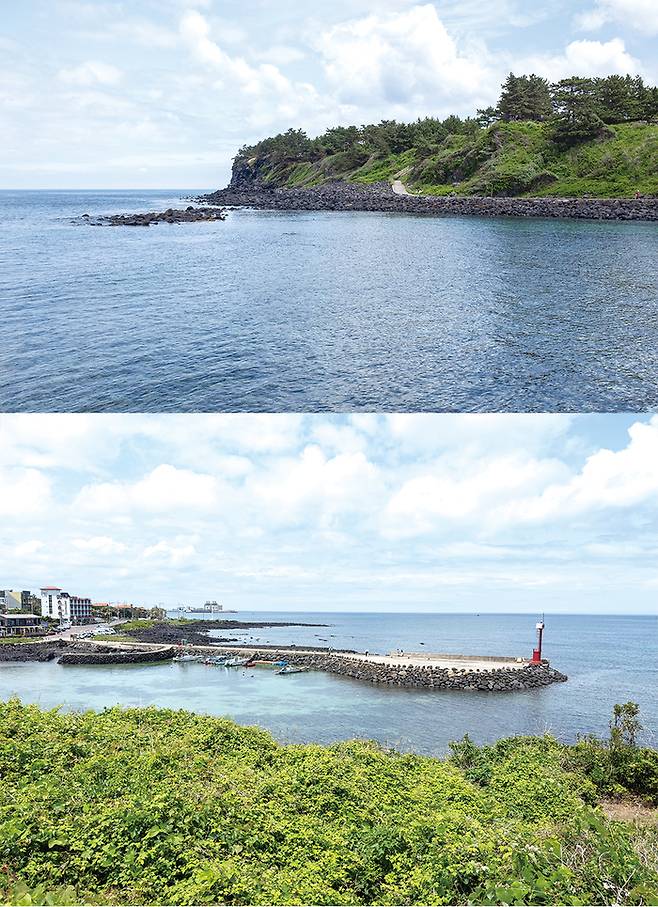 (위) 포세이돈의 얼굴이라 불리는 바위 절벽 (아래) 언덕에서 내려다 본 고내포구