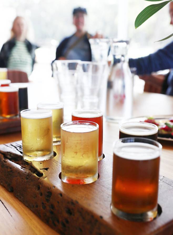 굴, 각종 해조류, 성게알 등 지역에서 생산되는 먹거리로 맥주를 빚는 ‘세일러스 그레이브 브루잉’의 맥주들. 누리집에서 관광 예약을 받는다. 박미향 기자