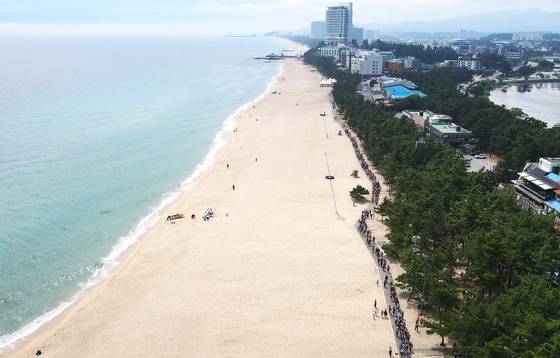 지난 14일 ‘강릉 트레일 페스타’가 열린 강릉 경포 해변 일대. 축제 참가자 1000여 명이 해변을 따라 걷기 시작했다.