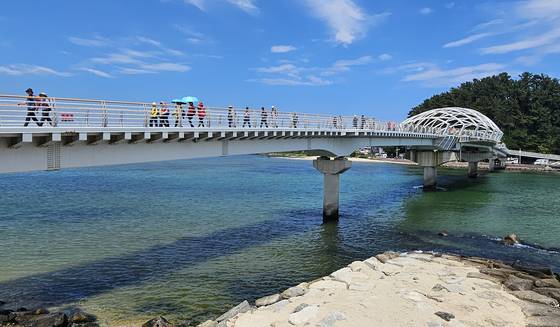 남항진항 솔바람 다리를 건너는 축제 참가자들.