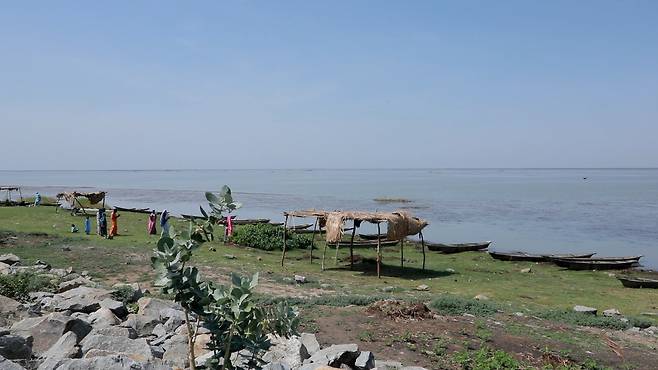 카메룬 최북단주에 있는 마가호수 (마가<카메룬>=연합뉴스) 전석우 기자 = 연합뉴스 취재팀이 지난 10일(현지시간) 찾은 카메룬 최북단주 마가(Maga) 지역의 마가호수. 마가호수는 기후변화에 따른 가뭄의 영향으로 면적이 크게 줄었다. 2025.6.20 jujitsusw@yna.co.kr