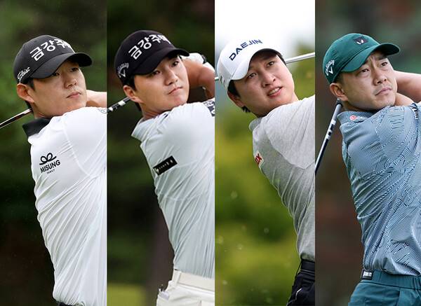 2025년 한국프로골프(KPGA) 투어 제68회 KPGA 선수권대회에 출전한 교포 선수 신용구(캐나다), 옥태훈, 왕정훈, 전재한 프로가 2라운드에서 경기하는 모습이다. 사진제공=KPGA