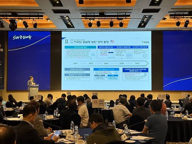 SW중심대학 총괄책임자간담회에서 이동화 KISA 공급망안전정책팀장이 발표하고 있다. (사진=이지희 기자)