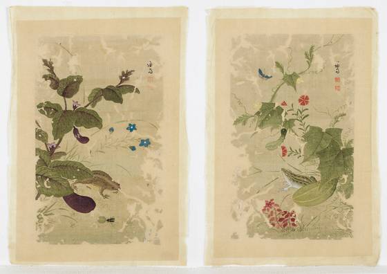 수리ㆍ복원되기 전의 '하마가자'와 '과전전계'. 장황(표구) 없이 낱장으로 보관돼 있었는데, 비단의 훼손이 심하다. 사진 간송미술문화재단