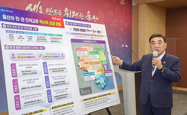 김두겸 울산시장은 23일 울산시청 프레스센터에서 기자회견을 열고 '울산시의 민·관 인적교류'를 통한 주요 성과에 대해 언론브리핑을 진행하고 있다. 이수화 기자