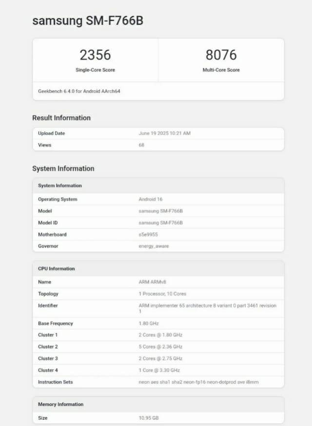 모델명 SM-F766B의 갤럭시Z플립 7 모델이 긱벤치에서 포착됐다. (출처=긱벤치/@tarunvats33)