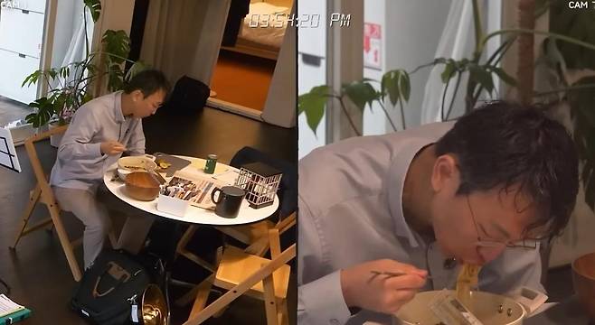 운동후 렌틸콩을 넣고 라면을 끓여먹는 정희원 서울아산병원 노년내과 교수. 유튜브 채널 ‘슬슬: 슬로우 라이프’ 영상 캡처