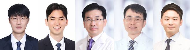 서울대학교병원 신경과 최석진 교수(왼쪽부터), 신경과 성정준 교수, 신경과 김종수 전문의, 영상의학과 박창민 교수, 영상의학과 최규성 교수. 서울대학교병원 제공