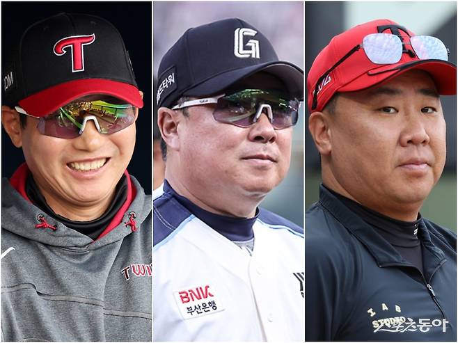 KBO리그를 대표하는 인기 구단 LG, 롯데, KIA가 프로야구 출범 이후 최초로 가을야구 동반 진출에 성공할지 주목된다. 지난해 KIA의 통합우승을 이끈 이범호 감독(오른쪽)과 왕좌를 되찾으려는 염경엽 LG 감독(왼쪽), 롯데의 8년 만의 가을야구를 이뤄내려는 김태형 감독 모두 더 높은 곳을 바라보고 있다. 스포츠동아DB·롯데 자이언츠·KIA 타이거즈 제공