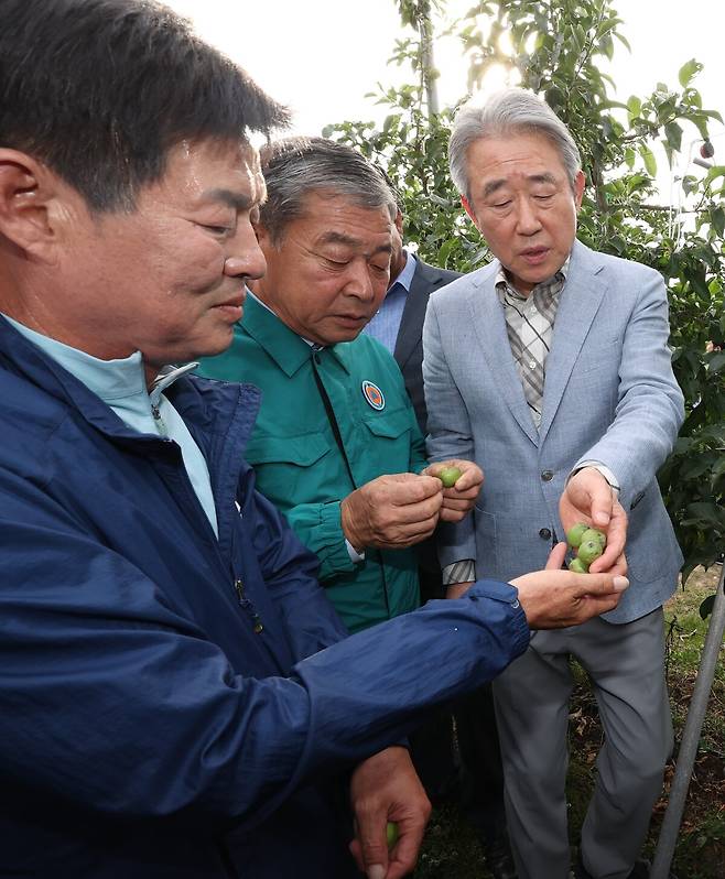 농협중앙회 강호동 회장(오른쪽)은 경남 밀양의 우박 피해 농가를 찾아 피해상황을 점검하고 있다. 농협중앙회 제공
