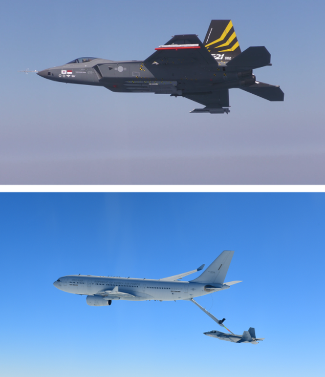 한국형 차세대 전투기 KF-21이 무장비행시험(위 사진)과 공중급유비행시험(아래 사진)을 하고 있다.