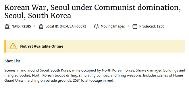 ▲ 미국 국립문서기록관리청 National Archives Catalog 웹사이트의 해당 영상 소개 화면 캡처