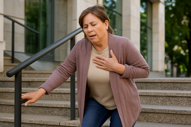 계단에서 숨 고르는 여성