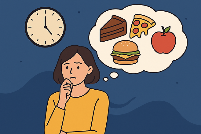 저녁 열두시 20분 경을 가르키는 시계이미지와 단발여성이 케이크 피자 햄버거 사과를 상상하고 있는 이미지