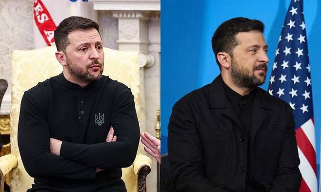 지난 2월 전투복 차림으로 도널드 트럼프 미국 대통령과 만난 볼로디미르 젤렌스키 대통령(왼쪽 사진). 당시 정장을 입지 않았다는 이유로 비난을 샀던 젤렌스키 대통령은 25일(현지시간) 네덜란드 헤이그에서 열린 트럼프 대통령과의 회담에서 검정색 정장을 입었다. 워싱턴·헤이그=EPA·UPI연합뉴스