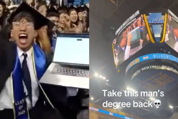 미국 캘리포니아 대학교 로스엔젤레스(UCLA) 졸업식에서 졸업생이 챗GPT 스크립트를 카메라에 보여주고 있다. 사진=인스타그램(andremaimusic)/뉴욕포스트 캡처
