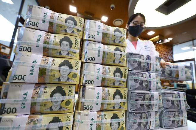 22일 서울 중구 하나은행 위변조대응센터에서 직원이 달러화와 원화를 정리하고 있다. 2025.05.22. /사진제공=뉴시스
