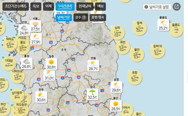 기상청 날씨누리 오후 6시 현재 1시간 관측으로 본 지역 날씨는 대구가 32.5℃를 기록하고 있다. 기상청 날씨누리.