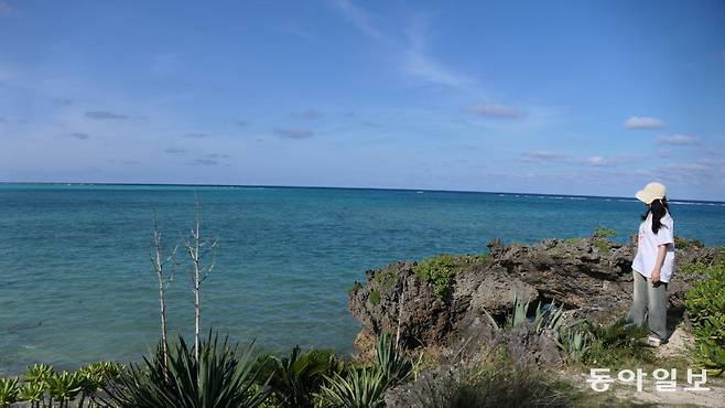 산호초가 넓게 분포한 섬 동쪽 오가네쿠(大金久)해안의 오후. 에메랄드그린 빛 바다가 저 멀리서 남색 바다와 겹쳐진다. 하늘은 푸르다.