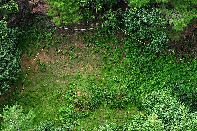 29일 오전 경북 북동부 산불의 최초 발화지인 의성군 안평면 괴산리 산소의 모습. 잡초가 무성하게 자라있고, 출입을 통제하는 폴리스라인이 그대로 있다. /이용선기자 photokid@kbmaeil.com