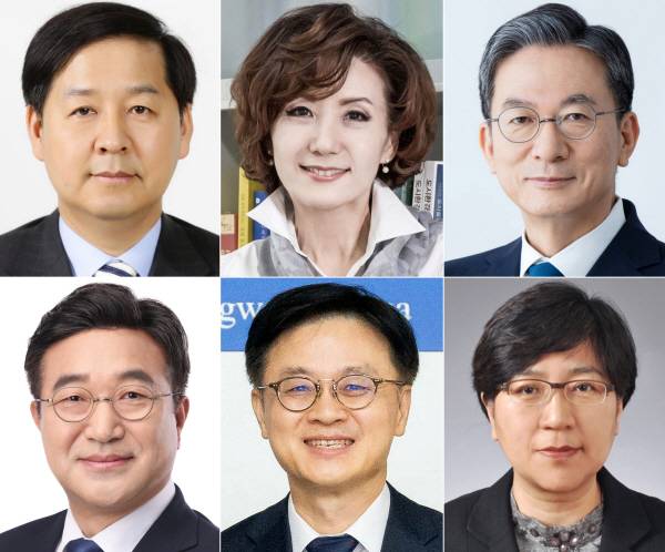 대통령실은 29일 강훈식 대통령비서실장의 브리핑을 통해 이재명 대통령의 장관급 추가 인선을 발표했다. 사진 왼쪽 위부터 구윤철 기획재정부 장관 후보자, 이진숙 교육부 장관 후보자, 정성호 법무부 장관 후보자. 사진 왼쪽 아래부터 윤호중 행정안전부 장관 후보자, 김정관 산업통상자원부 장관 후보자, 정은경 보건복지부 장관 후보자.연합뉴스