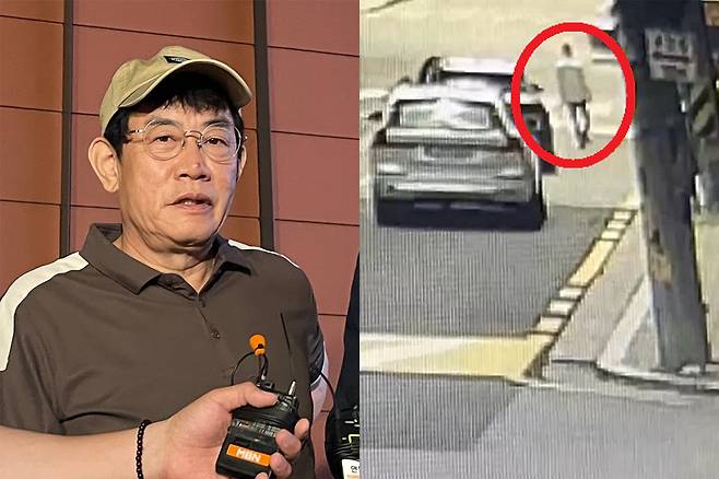 개그맨 이경규씨가 지난 24일 오후 11시45분쯤 서울 강남경찰서에서 약물 운전 혐의와 관련한 조사를 마친 뒤 취재진 질문에 답하고 있다. 오른쪽은 이씨가 사건 당일 비틀거리며 차도를 걷는 모습. 뉴스1·MBN 보도화면 캡처