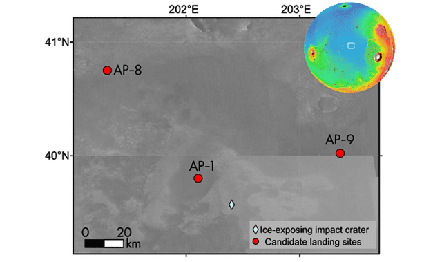 우주선 착륙 지점 AP-1, AP-8, AP-9(빨간색 원)와 얼음이 노출된 분화구(하늘색 다이아몬드) (출처= 지구 물리학연구저널-행성편)