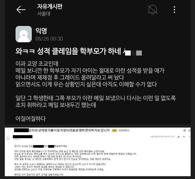 서울대에서 학부모가 직접 조교에게 성적을 문제 삼는 이메일을 보내 논란이 일고 있다. /온라인 커뮤니티 캡처