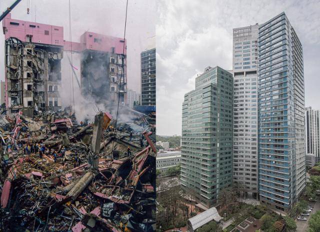 1995년 6월 29일 삼풍백화점이 붕괴된 뒤(왼쪽) 그 자리에 고급 주상복합 아파트가 들어섰다. 한국일보 자료사진