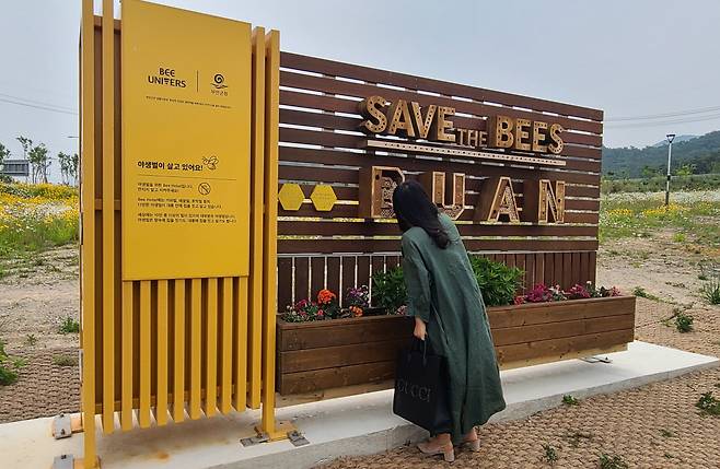 지난 27일 전북 부안군 변산면 국립새만금간척박물관 옆 생태공원에서 한 관광객이 야생벌을 위해 설치된 ‘비호텔’을 유심히 살펴보고 있다.
