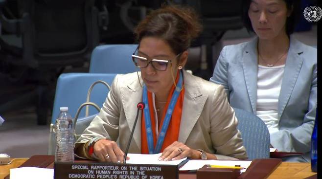 2023년 8월17일(현지시간) 유엔 안전보장이사회가 개최한 북한인권 공개토의에서 엘리자베스 살몬 유엔 북한인권특별보고관이 발언하는 모습. (사진=유엔 웹TV 캡처) 2025.07.01. *재판매 및 DB 금지