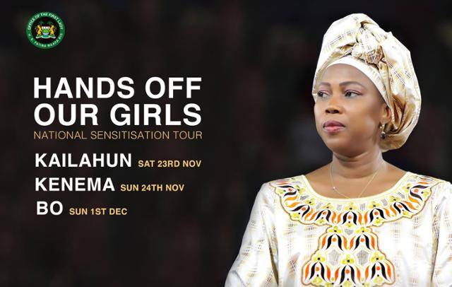 서아프리카 시에라리온의 퍼스트레이디 파티마 비오(Fatima Bio)의 조혼 근절 캠페인 'Hands off Our Girls' 포스터. facebook.com/FatimaMaadaBio