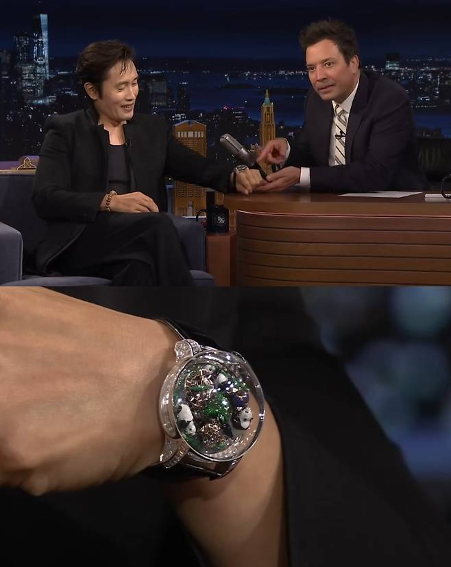 넷플릭스 오리지널 시리즈 ‘오징어 게임’ 시즌3에서 프론트맨 역을 맡아 열연을 펼쳤던 이병헌이 최근 미국의 인기 토크쇼에 출연한 가운데, 그가 찬 시계가 고가의 명품으로 알려지며 온라인상에서 화제를 모았다. 사진=지미팰런쇼 캡쳐