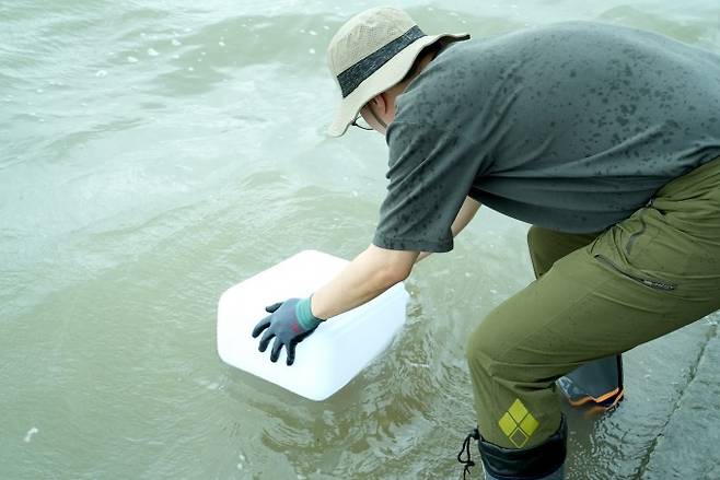 4일 원자력안전위원회가 파견한 한국원자력안전기술원(KINS) 조사팀이 예성강 하구와 가까운 강화도 및 한강 하구 등의 조사 지점에서 시료를 채취하고 있다. 원자력안전위원회 제공