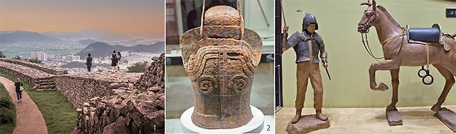 1 분산성에서 내려다 본 김해. 2 국립김해박물관에 전시된 가야 갑옷. 3 국립김해박물관의 가야 무사 전시물. /최갑수