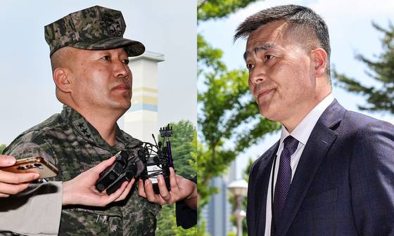 김계환 해병대 사령관(사진 왼쪽)과 박정훈 전 해병대 수사단장(대령)이 지난해 5월 경기 과천시 정부과천청사 고위공직자범죄수사처에 채상병 사건 수사 관련 조사를 받기 위해 출석하고 있다. 박 대령 측은 윤석열 대통령의 격노로 대통령실·국방부의 수사 외압이 시작됐다고 주장하지만 김 전 사령관은 “(VIP가 격노했다는 말을 박 전 단장에게 전달한) 그런 사실이 없다”는 취지의 입장을 유지하고 있다.뉴스1