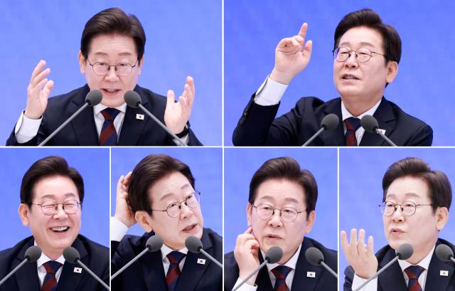 이재명 대통령이 3일 청와대 영빈관에서 '대통령의 30일, 언론이 묻고 국민에게 답하다' 기자회견을 하며 취재진의 질문에 답하고 있다. 연합뉴스