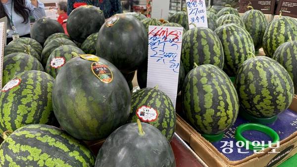 수원시내 한 전통시장 과일가게에 수박이 진열돼있다. 이곳에서는 7㎏ 이상 수박을 2만3천~2만7천원에 판매 중이다 2025.7.2 /윤혜경기자 hyegyung@kyeongin.com